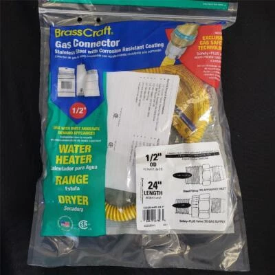 = Brasscraft 燃气连接器 1/2 英寸热水器范围烘干机 24 英寸 L CSSD44R-24P 全新 — 第 1/3 张图片