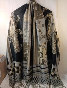 Vtg. Cotton Blend, Pasley, Geometric Design Shawl Wrap, 56× 82. - Picture 1 of 7