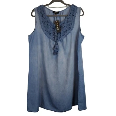Lux II Summer Chambray Crocheted Tassels Sleeveless Shift Dress Plus Size 16  - Image 1 of 4