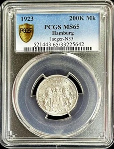 1923 J HAMBURG GERMANY 200000 MARK EAGLE COIN PCGS MINT STATE 65 - Picture 1 of 3