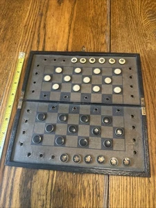 Antique Travel Leather Button Stud Checkers Set Game Original Pieces - Picture 1 of 24