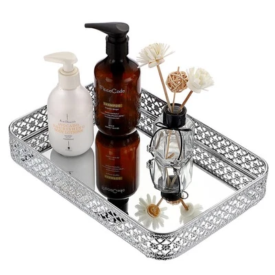 Perfume Mirror Tray Vanity Makeup Hollow-Carved Jewelry Organizer Glass Metal... - Image 1 of 4