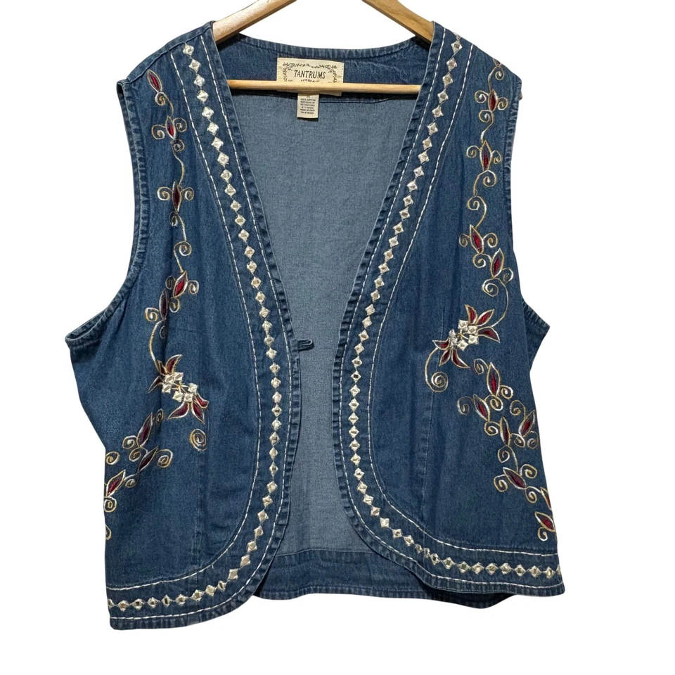 VTG Tantrums Womens Denim Vest 3X Blue Embroidered Cottage Western Cowgirl 90s - Image 1 of 4