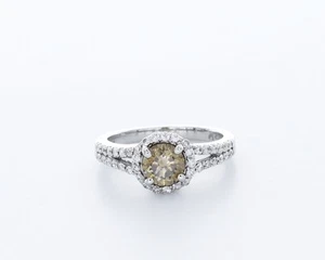 1.5 CT Natural Diamond Brown/SI2 Round Cut 14K White Gold Prong Halo Accent Ring - Picture 1 of 4