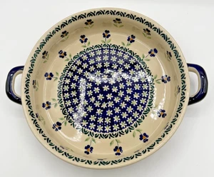 Boleslawiec fornaio rotondo in ceramica polacca con manici 9-1/2" firmato blu floreale - Foto 1 di 7