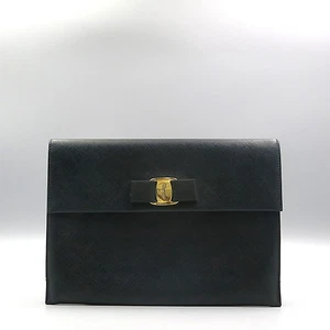 Ferragamo 22 C332 Gold Rose Decor Black Saffiano Women's Clutch - Picture 1 of 5
