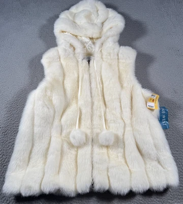 Nine West Vest Womens XL Vanilla Faux Fur Pom Pom Drawstring Hooded Full Zip - Image 1 of 4