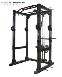 RAW STRENGTH BARBELL™ POWER RACK SQUAT CAGE WITH DIP BAR AND HIGH LOW PULLEY - Picture 1 of 8