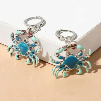 Unique Enamel Crab Blue Dangle Earrings Silver Plated Jewelry Women Fashion Gift - Image 1 of 4