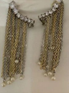 NWOT CAROLEE TWO TONE CHAIN PEARL & CRYSTAL EARRINGS  CS87B - Picture 1 of 4