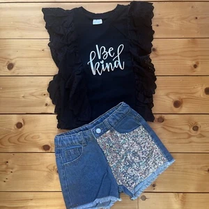 Sparkle In Pink Girls Summer Outfit Be Kind Sequin Shorts Ruffle Top 5T - Picture 1 of 11