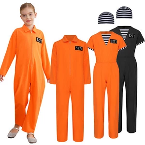 Kids Prisoner Costume Cosplay Prisoner Jumpsuit Jailbird Inmate Prison Uniform - Picture 1 of 39
