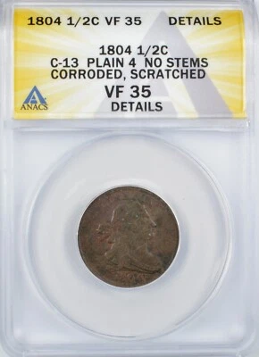 1804 Draped Bust Half Cent 1/2c - Plain 4, No Stems - ANACS VF35 Details - Image 1 of 4