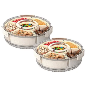 Snackle Box Container, Round Divided Serving Tray w/ Lid &Handle & 6 Dividers - Picture 1 of 19