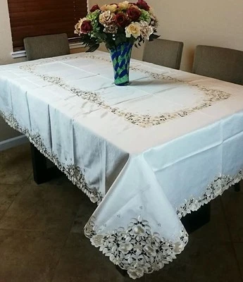 Ivory Beige Satin Fabric 54x72" Floral Cutwork Embroidered Tablecloth Napkins - Image 1 of 4