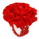 Silk Fabric and Glass Bead Flower Flex Ring/ Red - 40mm Diameter