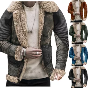 Giacca pile uomo vintage collo pelliccia sintetica spesso finto pile stampa cappotto outwear - Foto 1 di 18