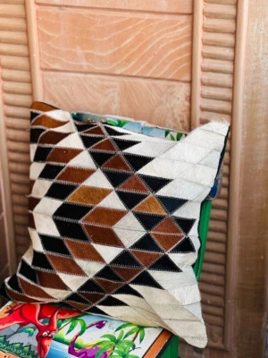 Goat Hair On Leather Throw Pillow Covers,  Brown Couch Cushion Covers - Image 1 of 4