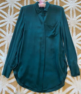 J.Crew Silk Blouse🔴Women Size 00 🔴Dark Green Button Up Shirt w Pocket - Picture 1 of 14