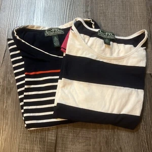 L-RL Lauren Active Ralph Lauren 2 Women's T-Shirts Navy/White Stripes Size S & M - Picture 1 of 11