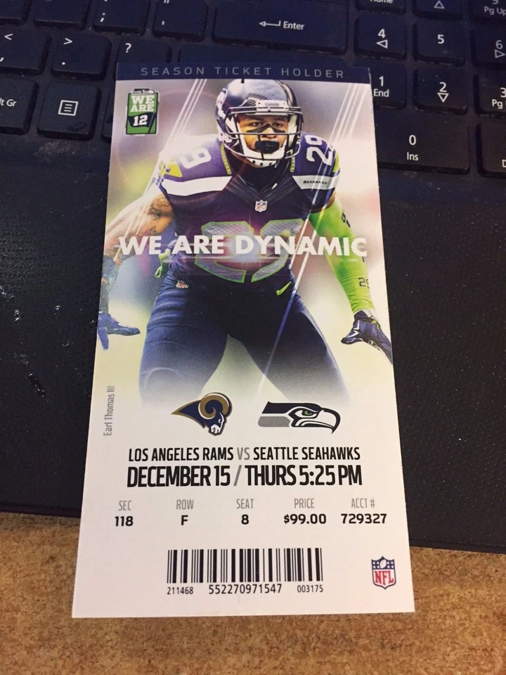 2016 SEATTLE SEAHAWKS VS LOS ANGELES RAMS TICKET STUB 12/15 EARL THOMAS III - Image 1 of 1