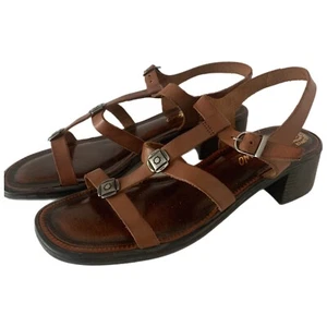 Romano Brown Leather Sandals Anne Womens 10 Block Heel Strappy Slingback Brazil - Picture 1 of 14