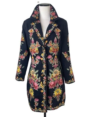 PAPARAZZI BY BIZ Jacket Black Twill Daisy Floral Embroidered Boho Coat S,M,L,XL - Image 1 of 4