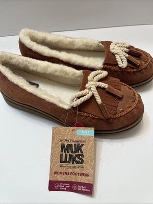 Muk Luks Women’s 7 Suede Slippers Cognac Wool Blend Lining Tassels Embroidered - Image 1 of 4