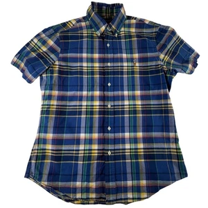 Ralph Lauren camicia uomo L blu a quadri slim manica corta bottoni carne pony - Foto 1 di 5