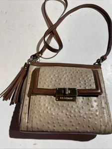 Brahmin Crossbody Bag Ostrich Leather Brown & Beige Adjustable Strap - Picture 1 of 14