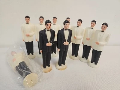 Vintage SET OF 10   Groom Groomsman Cake Toppers  WHITE SUITS/TUXEDO & BLACK - Image 1 of 4