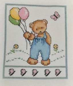 Kreuzstich Teddybär Bild Holzrahmen Glas fertig 8x9 Vintage 70er - Bild 1 von 8