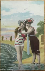 Bathing Beauty Couple Standing in the Surf 1910 Risque Postcard - Picture 1 of 1