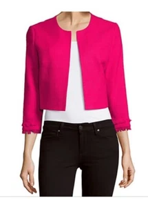 👠🧥💗NUEVA SIN ETIQUETAS KARL LAGERFELD París Rosa Caliente Flecos Tweed Frente Abierto Chaqueta Talla M - Imagen 1 de 4