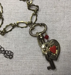 Vintage Skeleton Key Necklace-Heart, Bow Charm,Red Glass Bead, Gold & Brass Tone - Picture 1 of 5