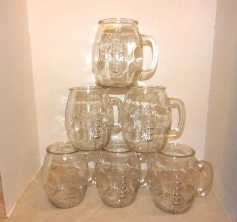 Set of Six Large Glass Football Mugs w/Green Bay Packer Popcorn Canister Cover