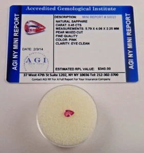 Natural Pink Sapphire Pear 0.45 Carats Certified Appraisal $340 AGI PS003 - Picture 1 of 4