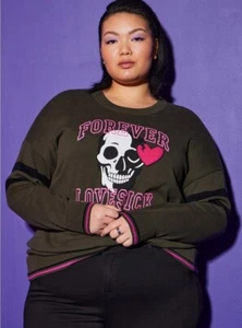 Torrid NWT Crewneck Drop Shoulder Skull Lovesick Sweater Green Size 1X - Picture 1 of 6