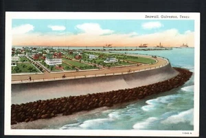GALVESTON, TX * GALVESTON SEAWALL ~ AERIAL VIEW * UNPOSTED VINTAGE LINEN - Picture 1 of 2