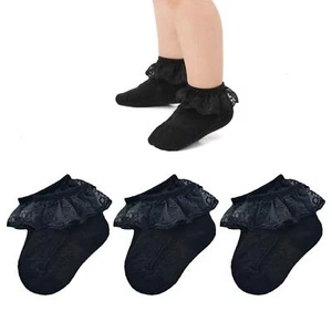 3 Pairs Baby-Girls Eyelet Frilly Lace Socks Infants Girls Black Princess Ankl... - Picture 1 of 7