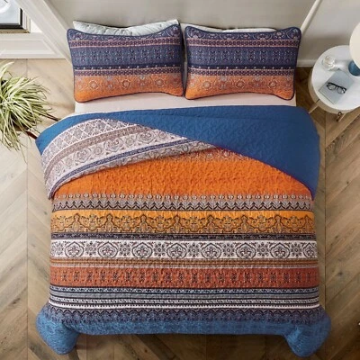 WONGS BEDDING 3PCS Striped Boho Quilted Bedspread Throw Comforter Bedding Set Double King Size