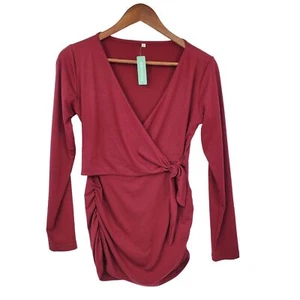 Womens Wrap Style Maternity Blouse Sz S V-Neck Long Sleeve Maroon BBHoping NWT - Picture 1 of 9