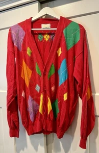 Vtg United Colors Of Benneton Coral Argyl Design Cardigan. Cotton, Sz XL, Italy - Picture 1 of 10