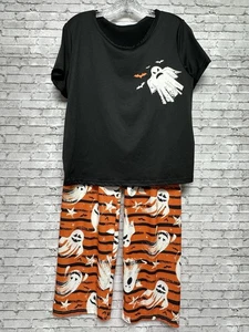 GHOST Halloween Womens Large Pajama Set Top Bottom P.J. Black Orange - Picture 1 of 13