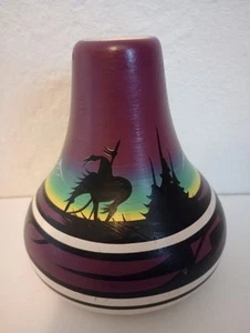 Vtg Native American Navajo Signed J. Benally Pottery Vase Purple Warrior 5.5" - Picture 1 of 7