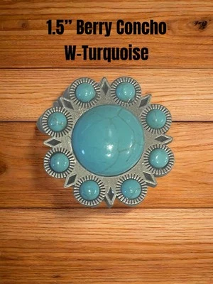 1.5” Berry Concho With Turquoise Stones On Antique Nickel-Screw Back - Image 1 of 4