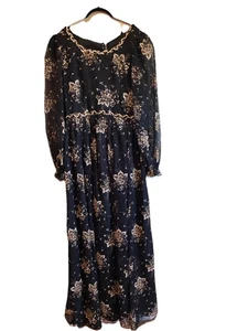 Vintage Handarbeit schwarz gold Blumen Maxikleid gefüttert transparente Ärmel Kleid 60" L - Bild 1 von 11