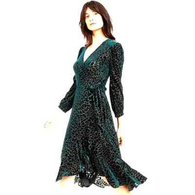 Nuevo sin etiquetas Vestido envolvente midi de terciopelo ajustado de Calvin Klein para mujer talla 4 verde oscuro Foto 1 de 4