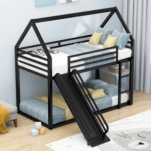 Twin over Twin House Bunk Bed with Ladder and Slide for Kids Teens Bedroom, Blac - Picture 1 of 11