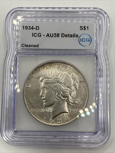 1934 D Argento Dollaro della Pace AU 58 Dettagli Pulito ICG Bella Moneta - Foto 1 di 4